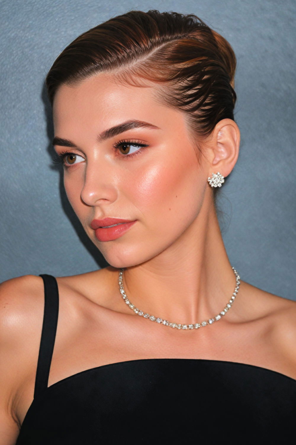 slicked back with dramatic part hairstyle