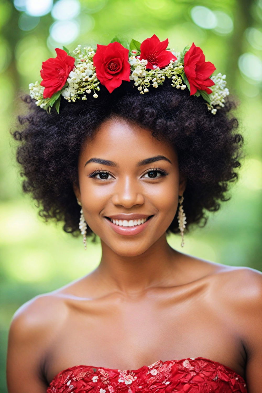 soft afro with floral crown quinceanera hairstyle
