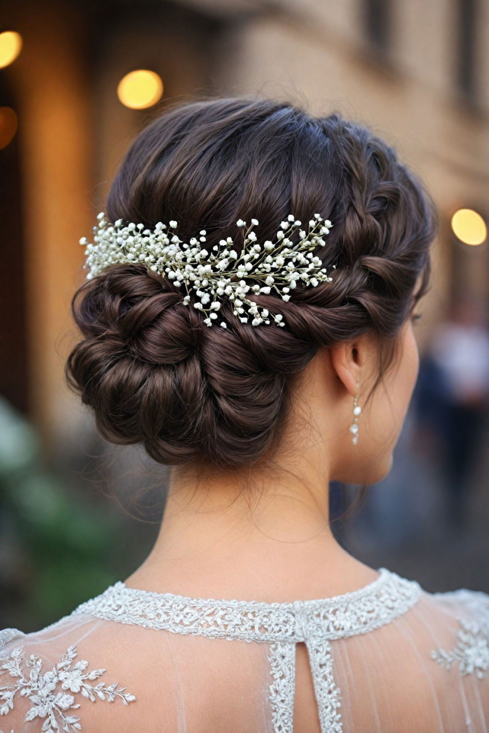 soft braided updo with baby s breath hairstyle