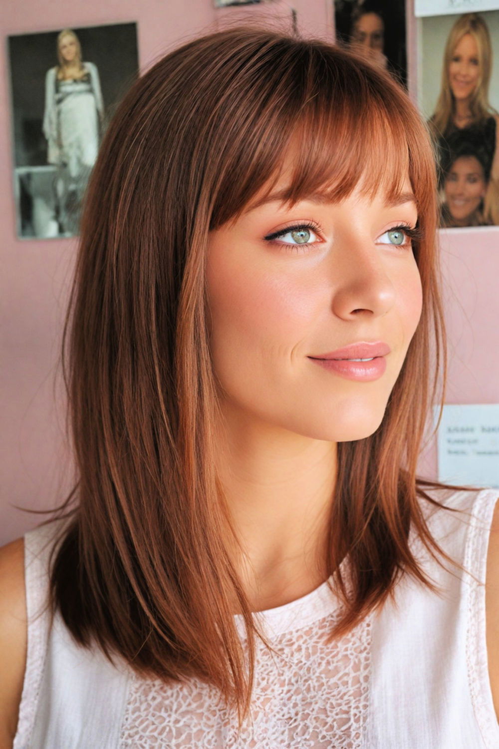 straight cut with side bangs medium length hairstyle