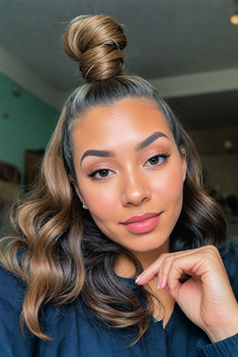 stylish half up half down bun hairstyle