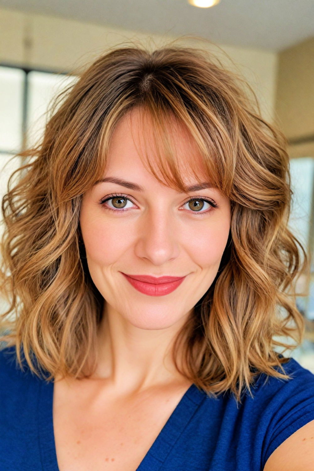 textured lob with side swept curtain bangs