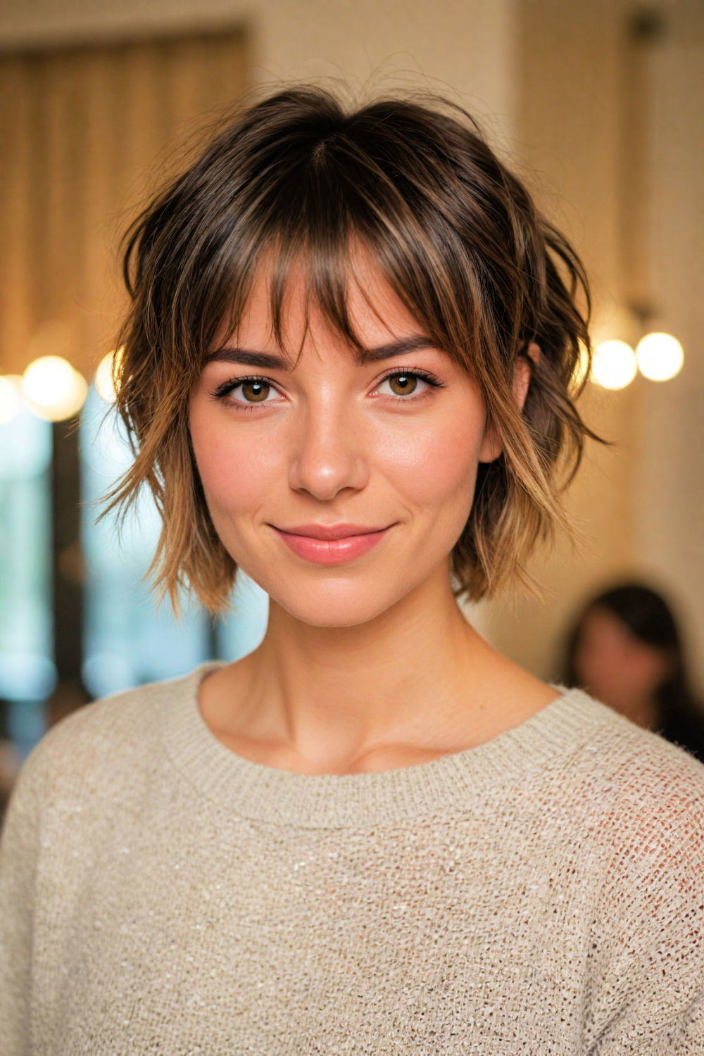 textured pixie with curtain bangs