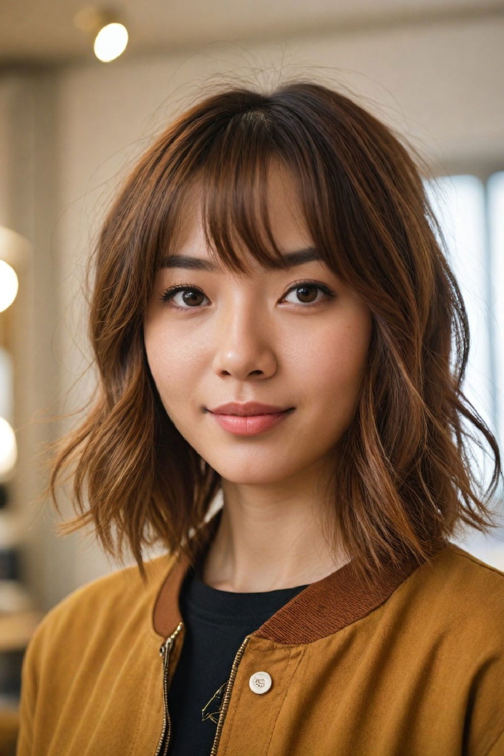 tousled angled bob hairstyle that makes thin hair appear thicker