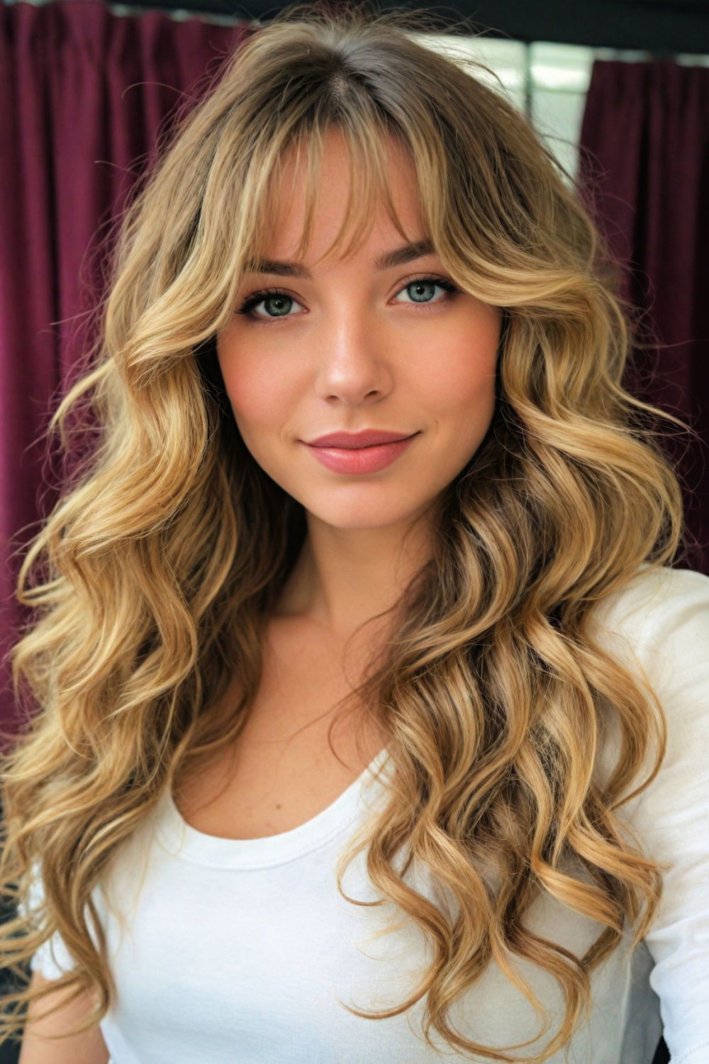 tousled curls hairstyle with curtain bangs
