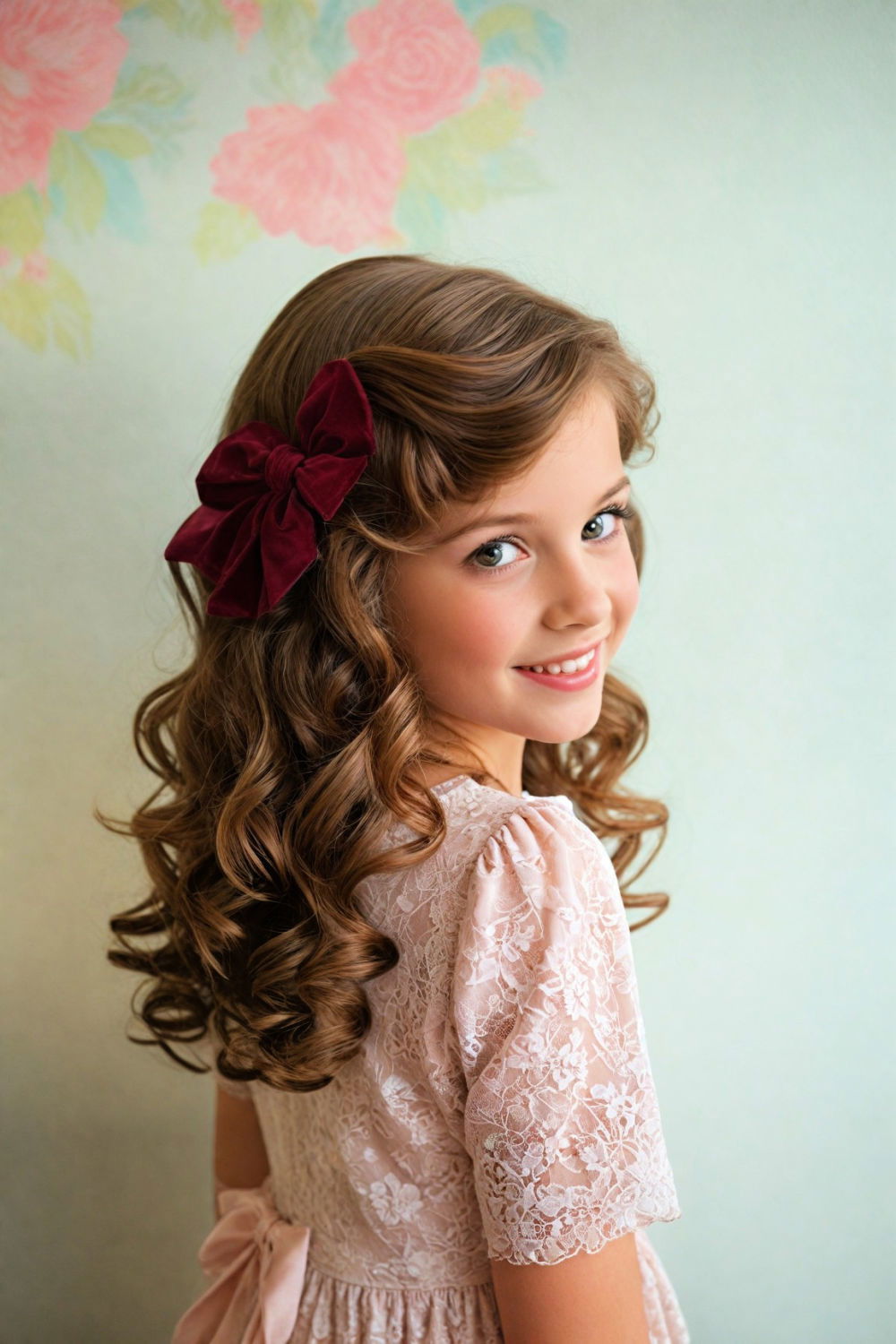 vintage curls with velvet bow flower girl hairstyle