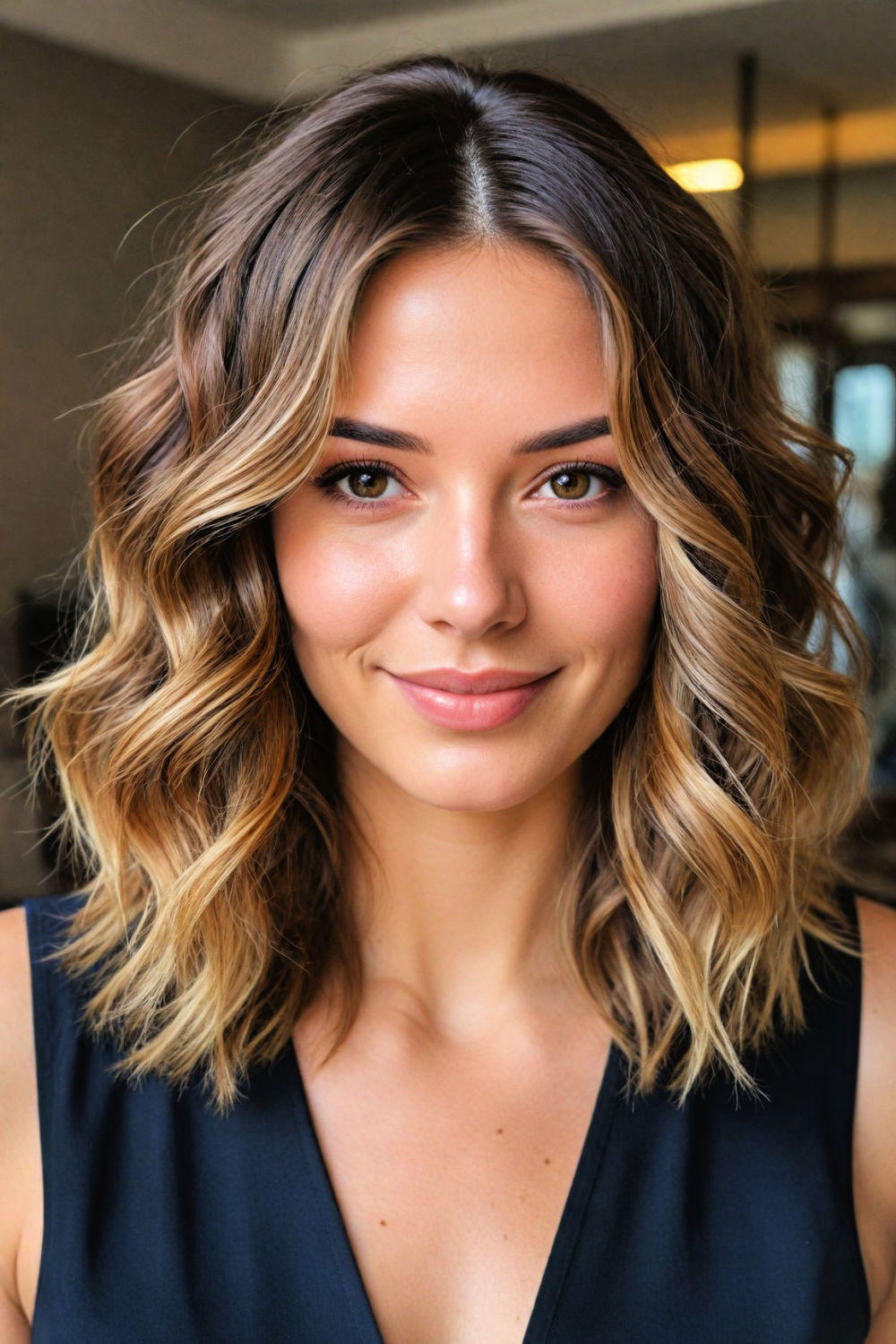 wavy lob with balayage