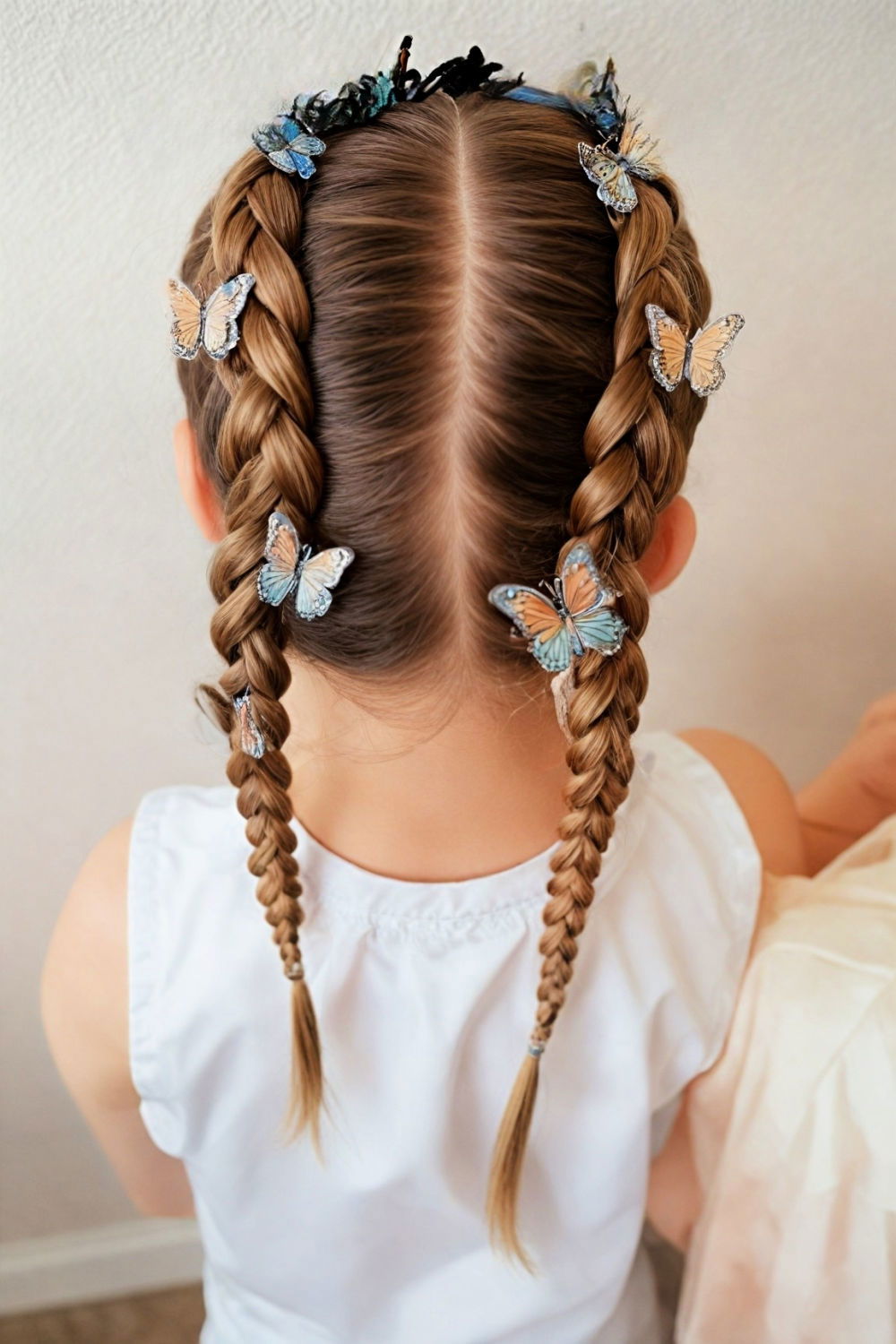 whimsical pigtails with butterfly barettes