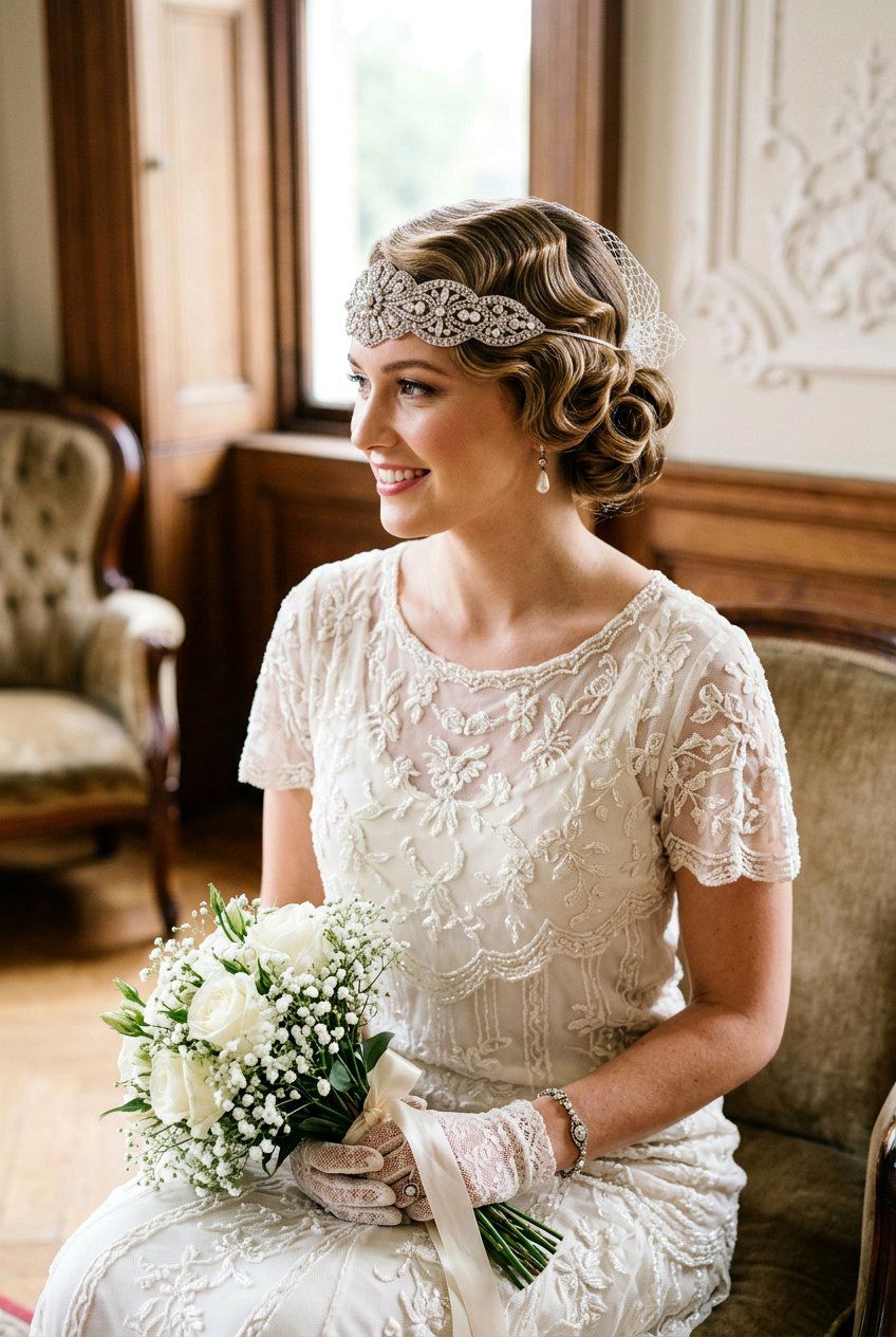 1920s Finger Wave Bridal Updo - 20 bridal hairstyle for vintage themed wedding - 20 bridal hairstyle for vintage themed wedding