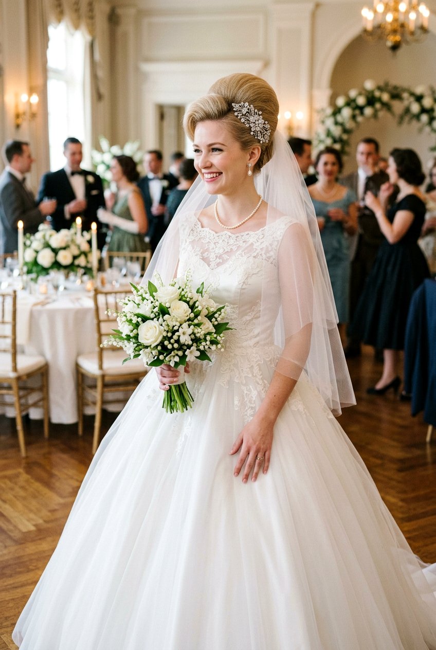 1950s Bouffant Bridal Updo - 20 bridal hairstyle for vintage themed wedding - 20 bridal hairstyle for vintage themed wedding