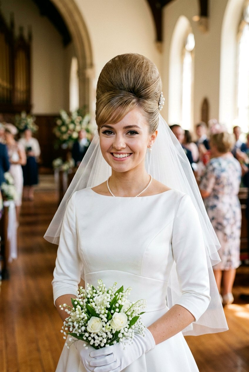1960s Beehive Bridal Updo - 20 bridal hairstyle for vintage themed wedding - 20 bridal hairstyle for vintage themed wedding