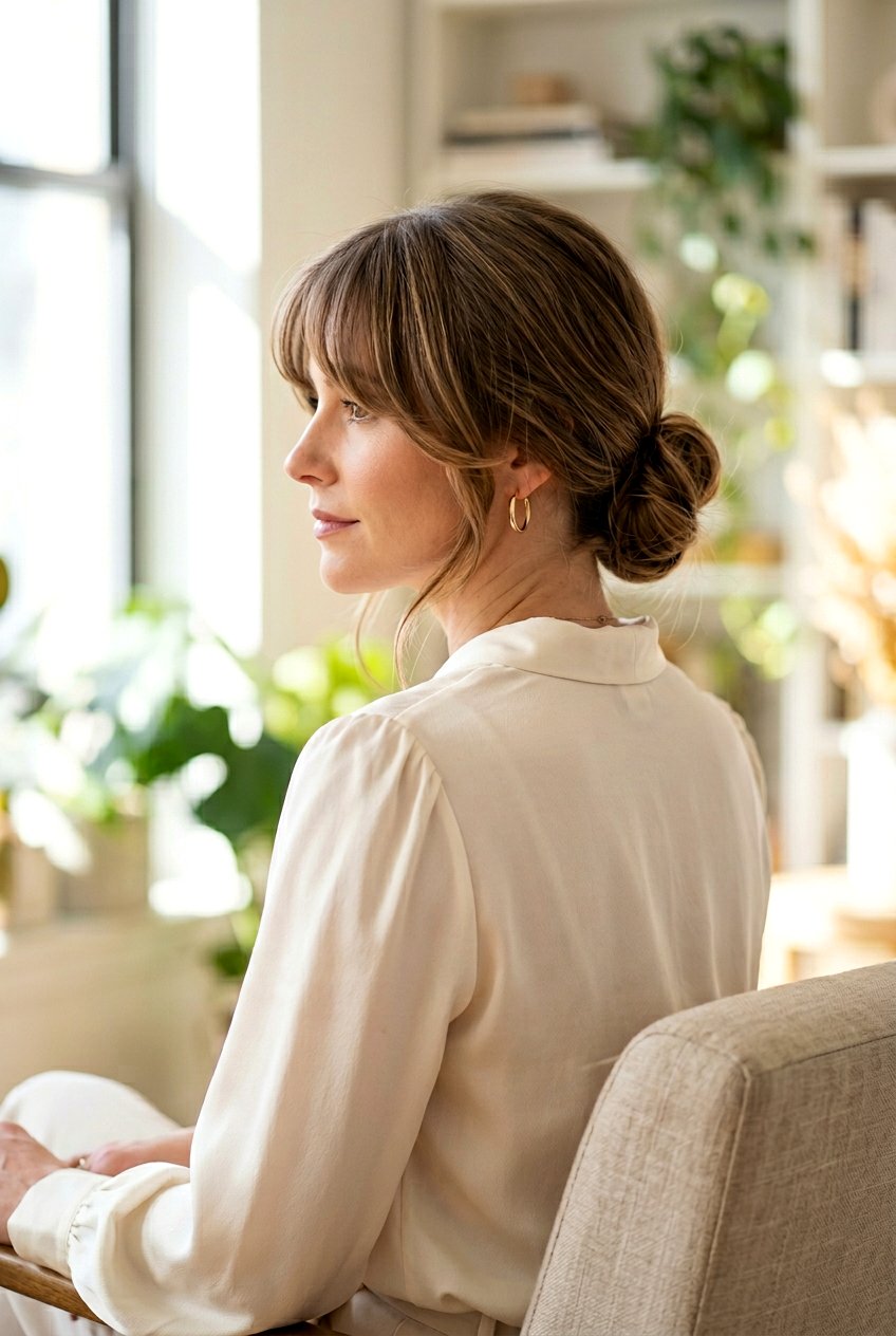 70s Curtain Bangs With Low Bun - 20 70s curtain bangs hairstyle - 20 70s curtain bangs hairstyle