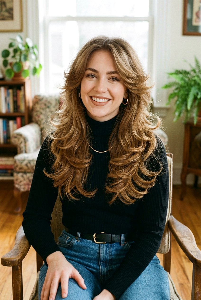 90s Long Layered Hair with Flipped Ends - 20 long layers for round face women - 20 long layers for round face women