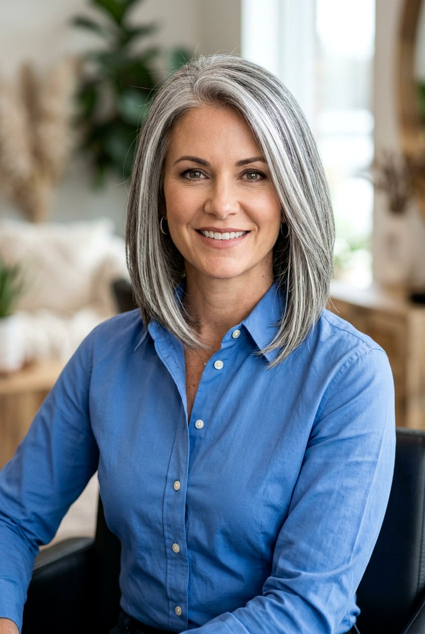 A Line Bob Silver Highlights - 20 gray blending bob with highlights - 20 gray blending bob with highlights