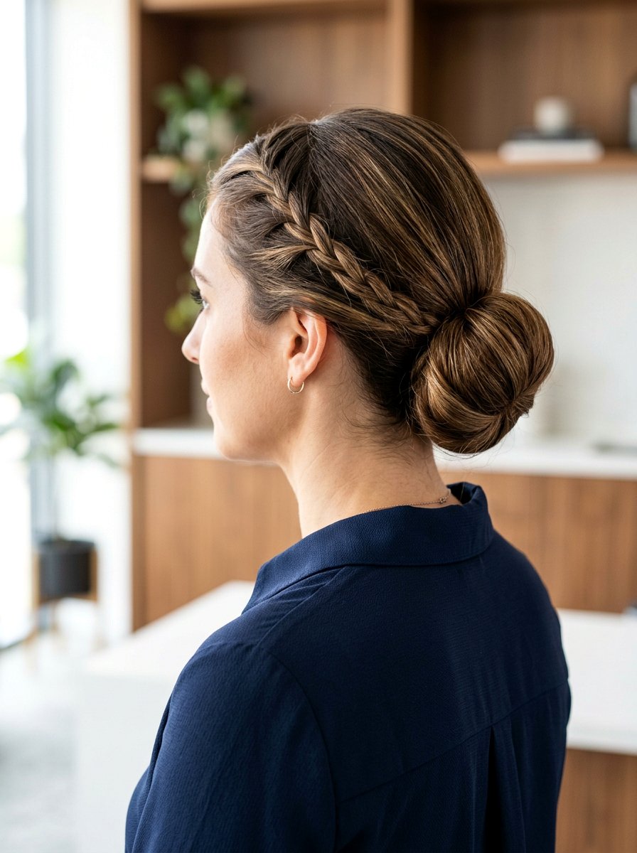 Accent Braid Low Bun - 20 office hairstyle with low braid bun - 20 office hairstyle with low braid bun