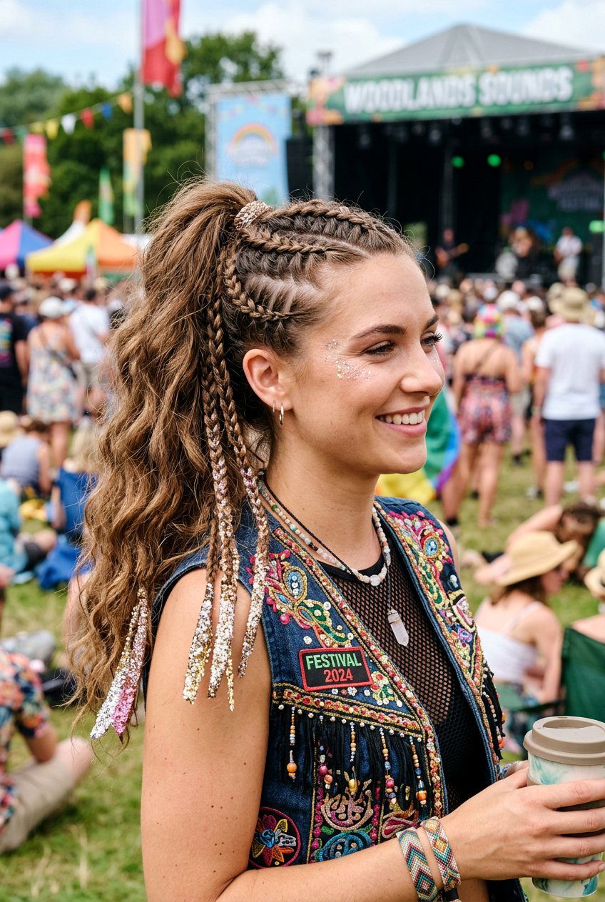 Accent Braid Ponytail With Glitter Tips - 20 festival braid ponytail with glitter - 20 festival braid ponytail with glitter