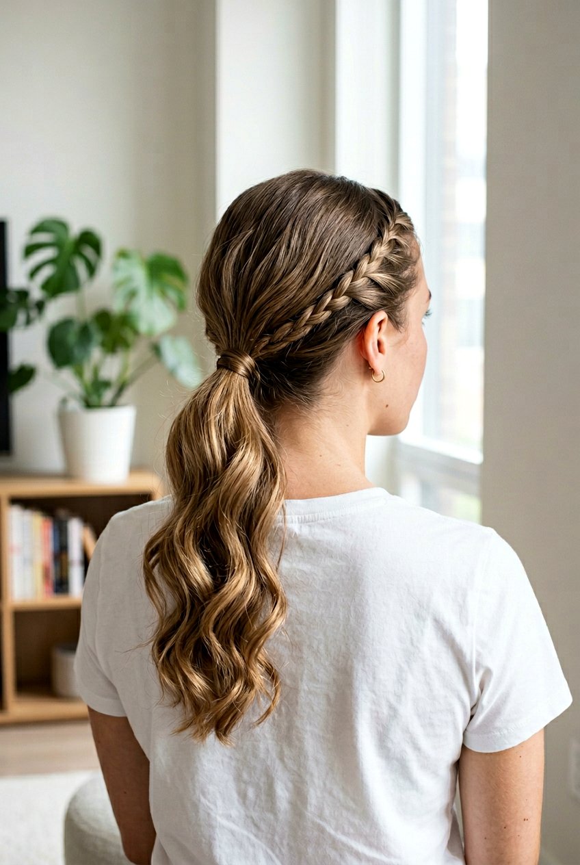 Accent Braided Low Ponytail With Natural Waves - 20 braided low ponytail with waves - 20 braided low ponytail with waves