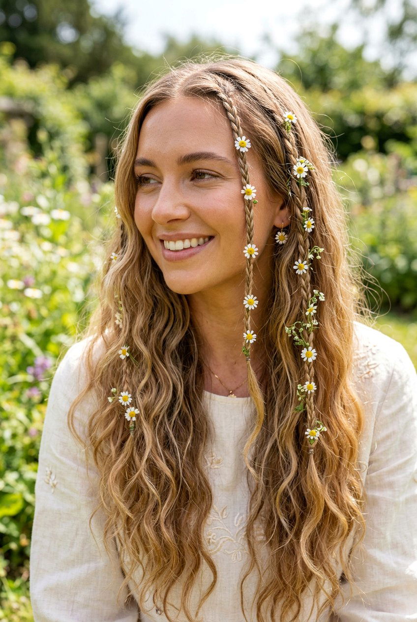 Accent Micro Braids With Daisy Chains - 20 fairycore braid hairstyle with flowers - 20 fairycore braid hairstyle with flowers