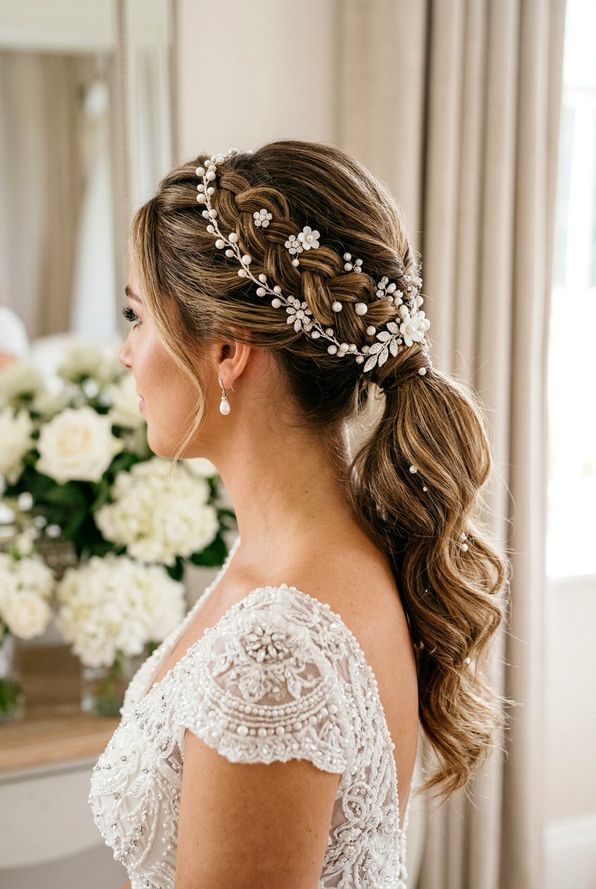 Accessorized Bridal Braid Ponytail With Pearls - 20 bridal braid ponytail with veil - 20 bridal braid ponytail with veil