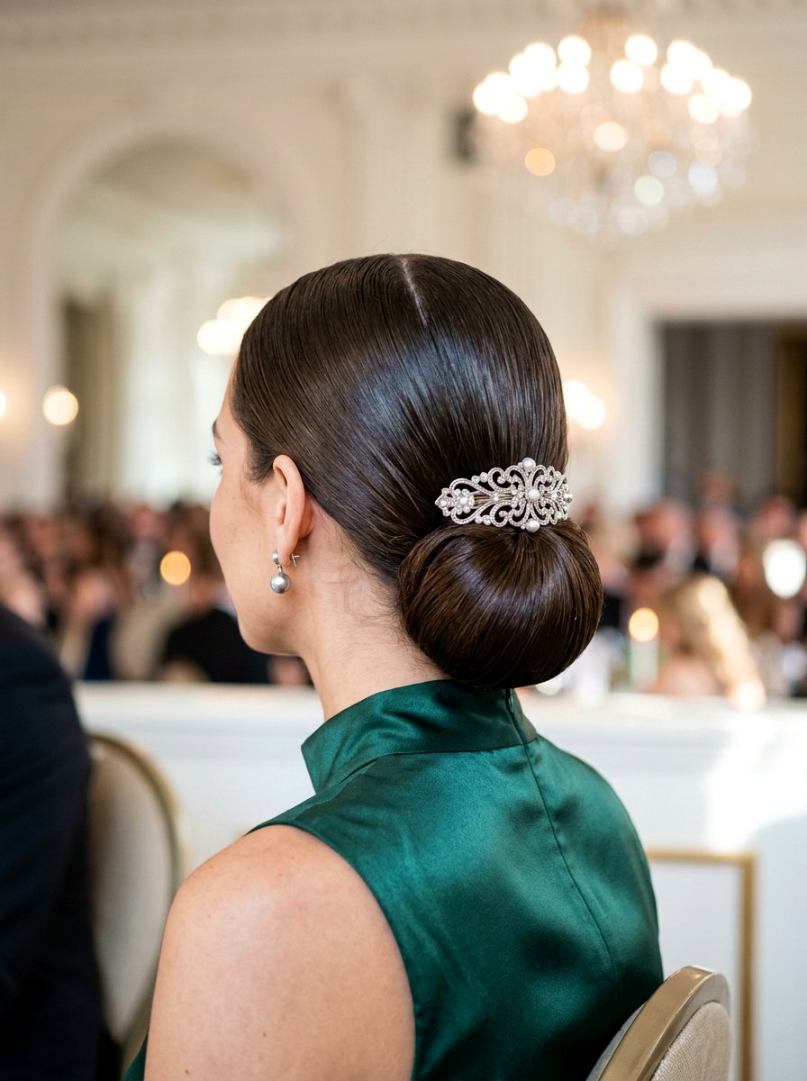 Accessorized Glossy Low Bun With Middle Part - 20 glossy low bun with middle part - 20 glossy low bun with middle part