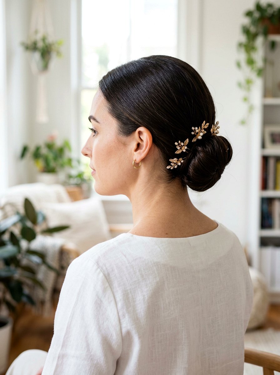 Accessorized Low Bun - 20 cute bun hairstyle ideas for work - 20 cute bun hairstyle ideas for work