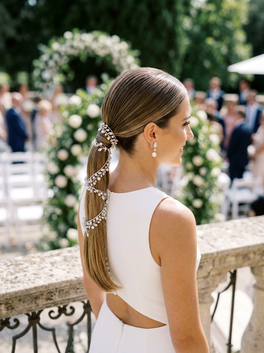 Accessorized Low Ponytail Wedding Hair - 20 elegant bridal hairstyle for medium hair - 20 elegant bridal hairstyle for medium hair