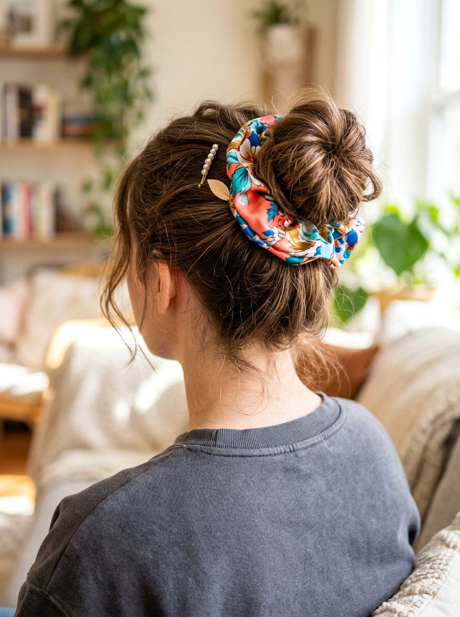 Accessorized Scrunchie Bun - 20 rainy day bun hairstyle - 20 rainy day bun hairstyle