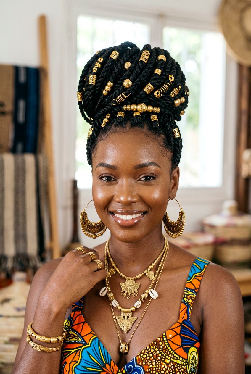 Accessorized Senegalese Twist Bun - 20 senegalese twists bun for women - 20 senegalese twists bun for women