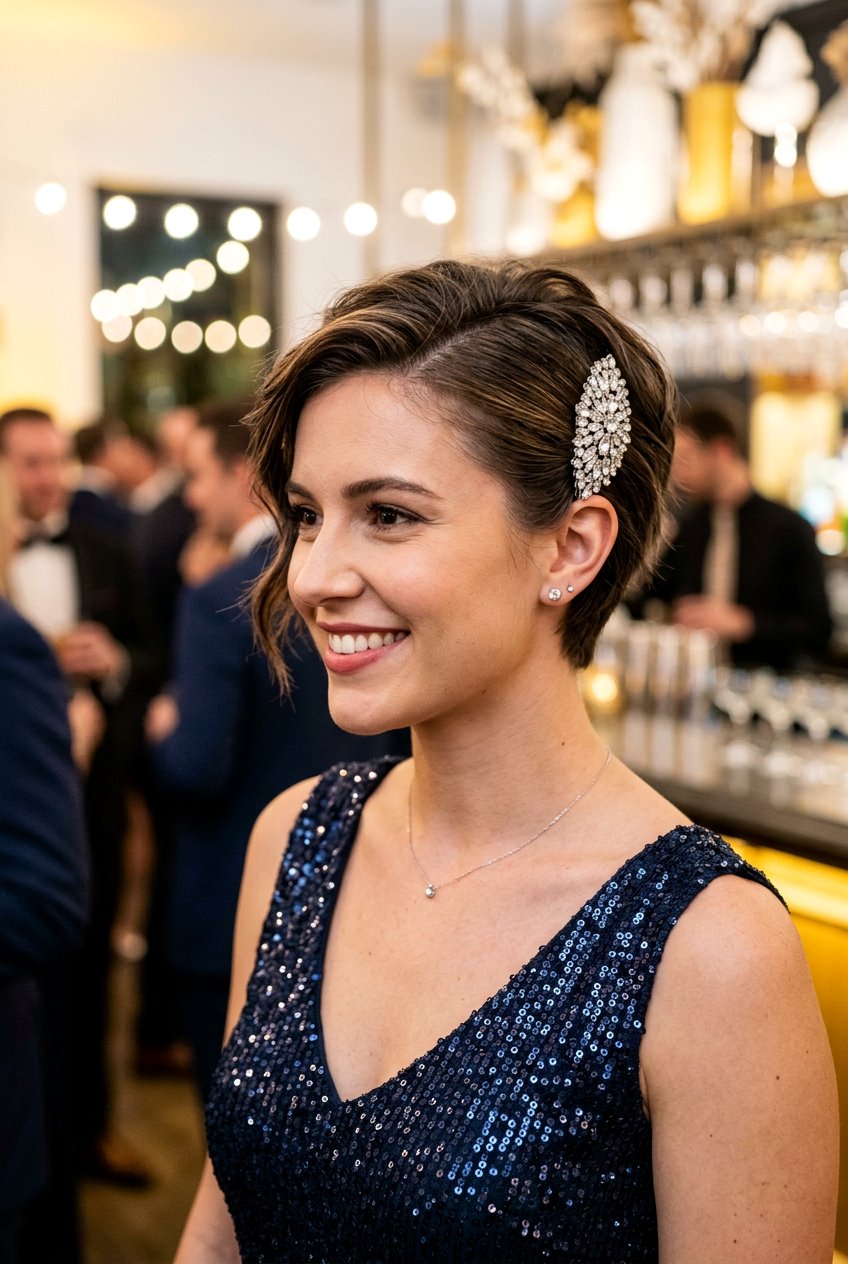 Accessorized Short Hair with Crystal Clip - 20 wedding guest hairstyles for short hair - 20 wedding guest hairstyles for short hair