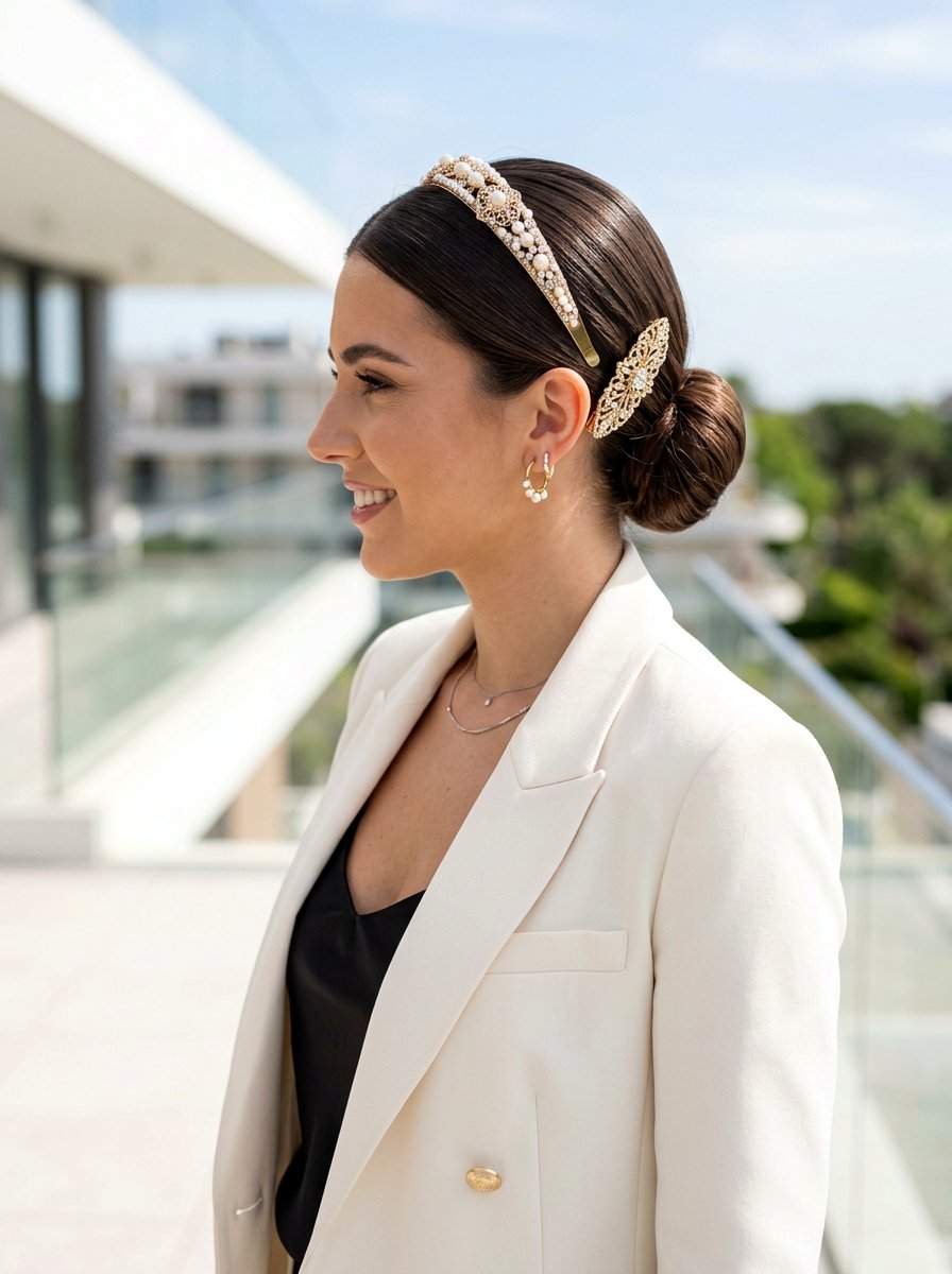 Accessorized Sleek Back - 20 office hairstyle for humid days - 20 office hairstyle for humid days
