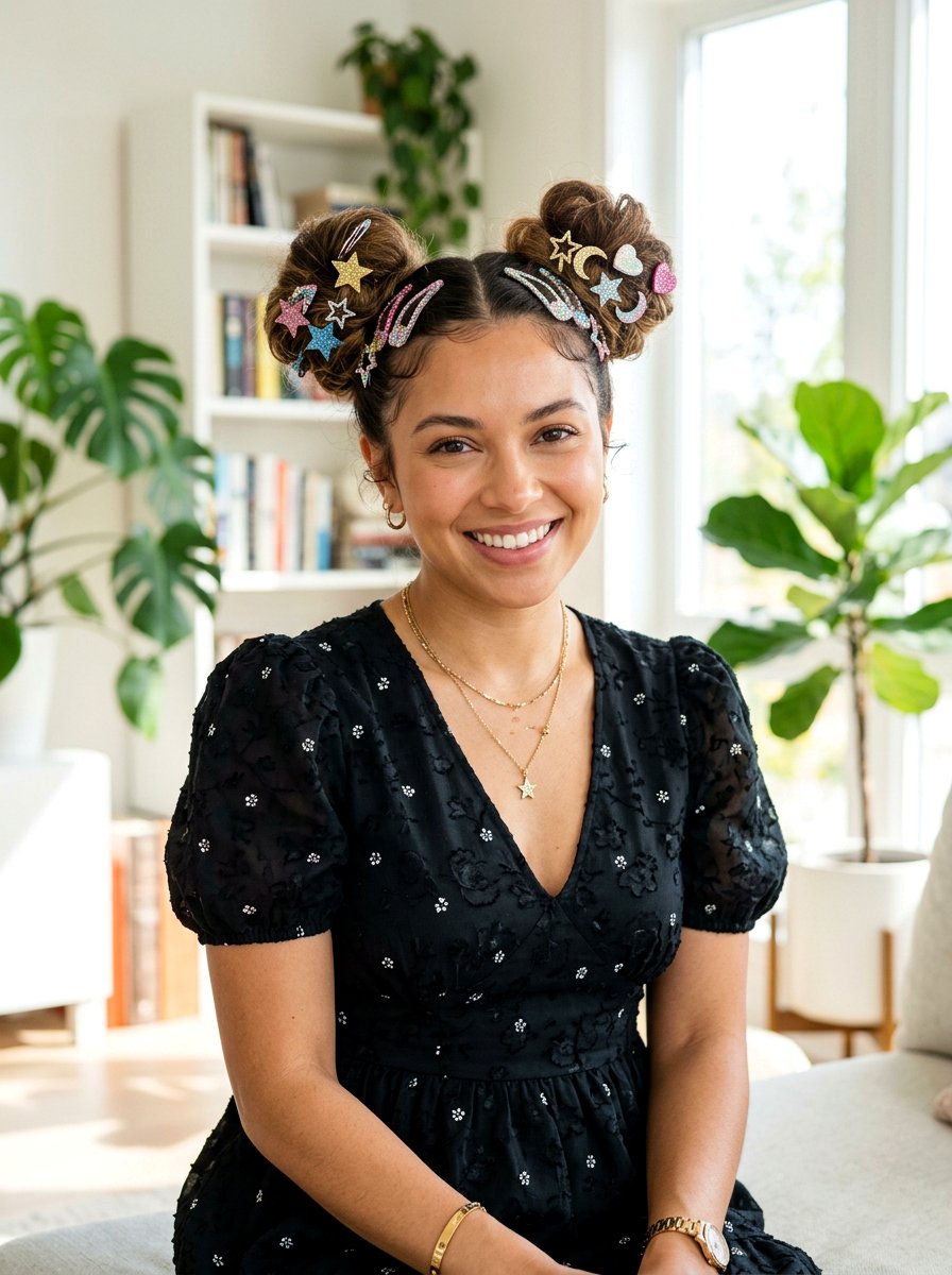 Accessorized Space Buns - 20 party hairstyle for black dress - 20 party hairstyle for black dress