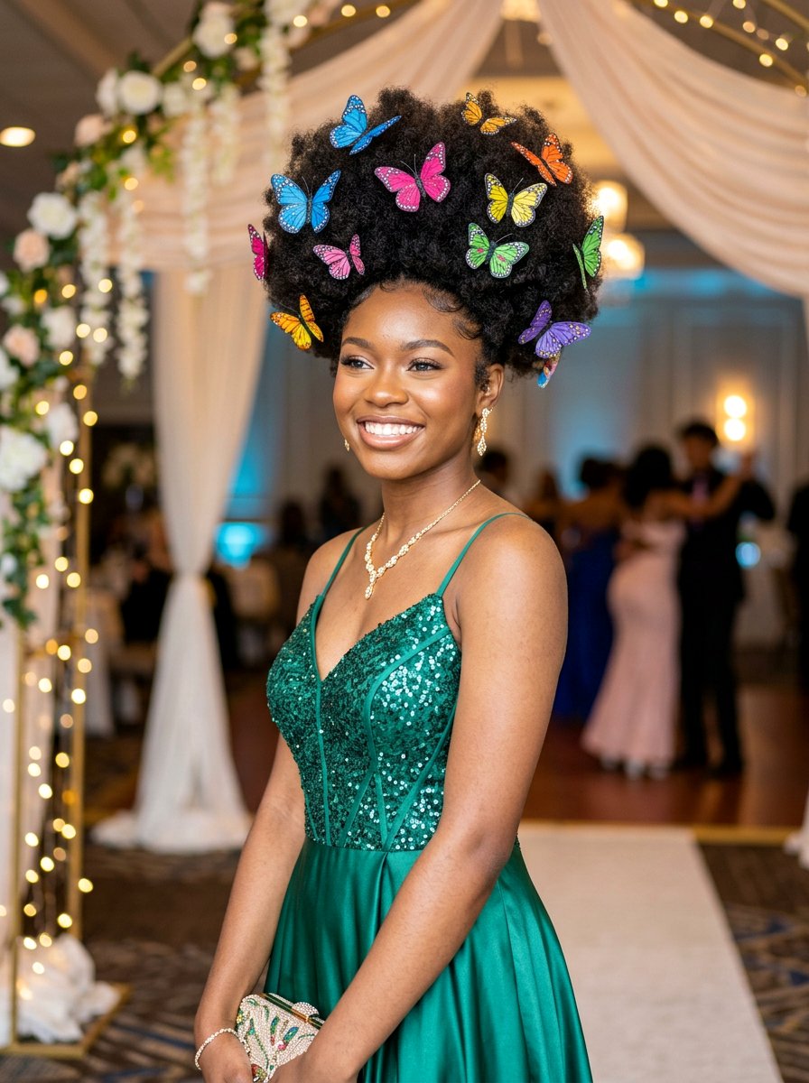 Afro puff with butterfly clips - 20 prom hairstyles for natural hair - 20 prom hairstyles for natural hair