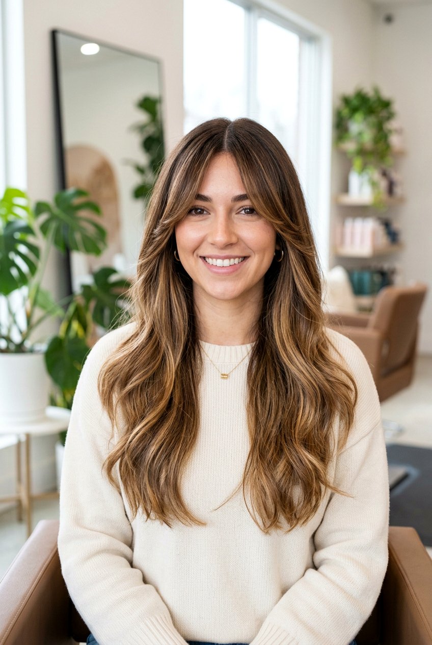 Almond Brunette Balayage With Long Curtain Bangs - 20 almond brunette balayage - 20 almond brunette balayage