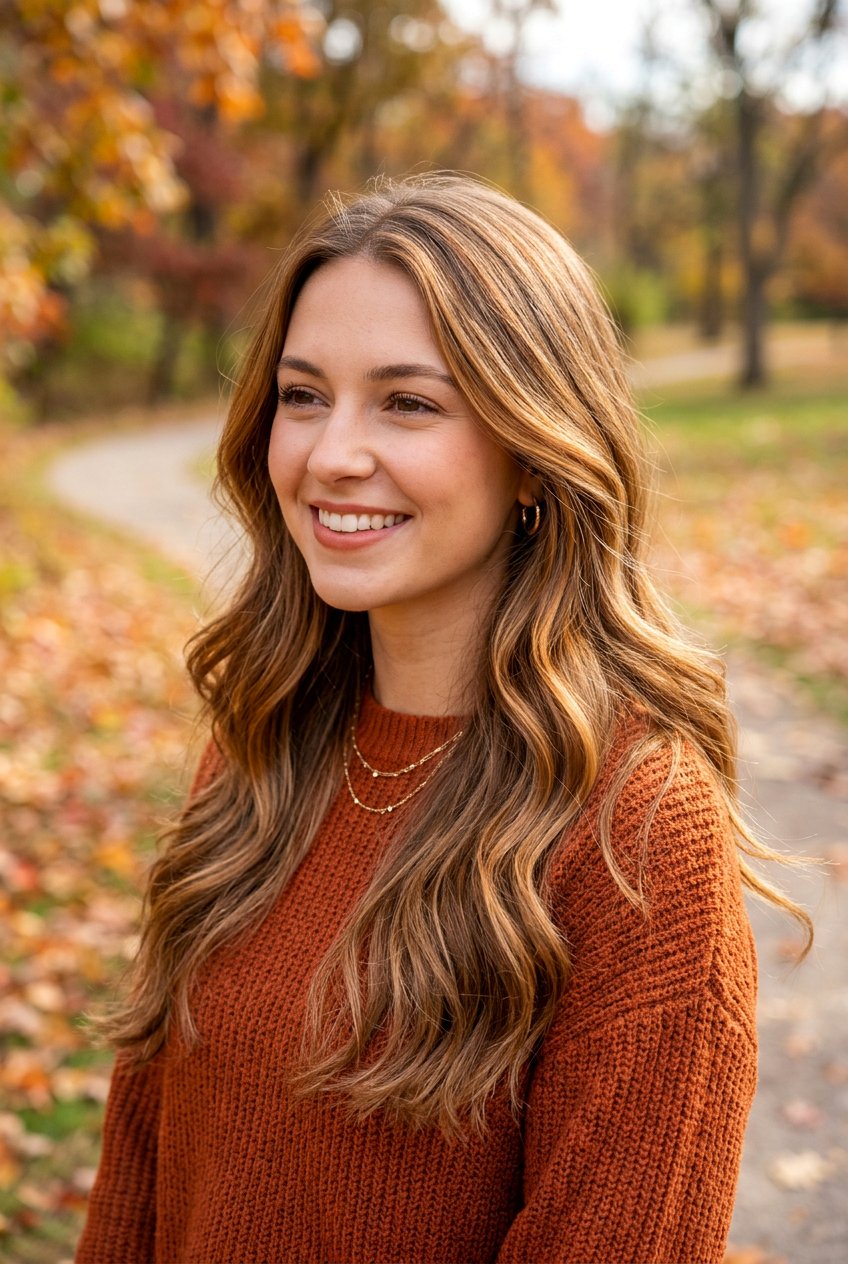 Amber caramel ribbons on light brown hair - 20 delicate caramel ribbons for mature brunettes - 20 delicate caramel ribbons for mature brunettes