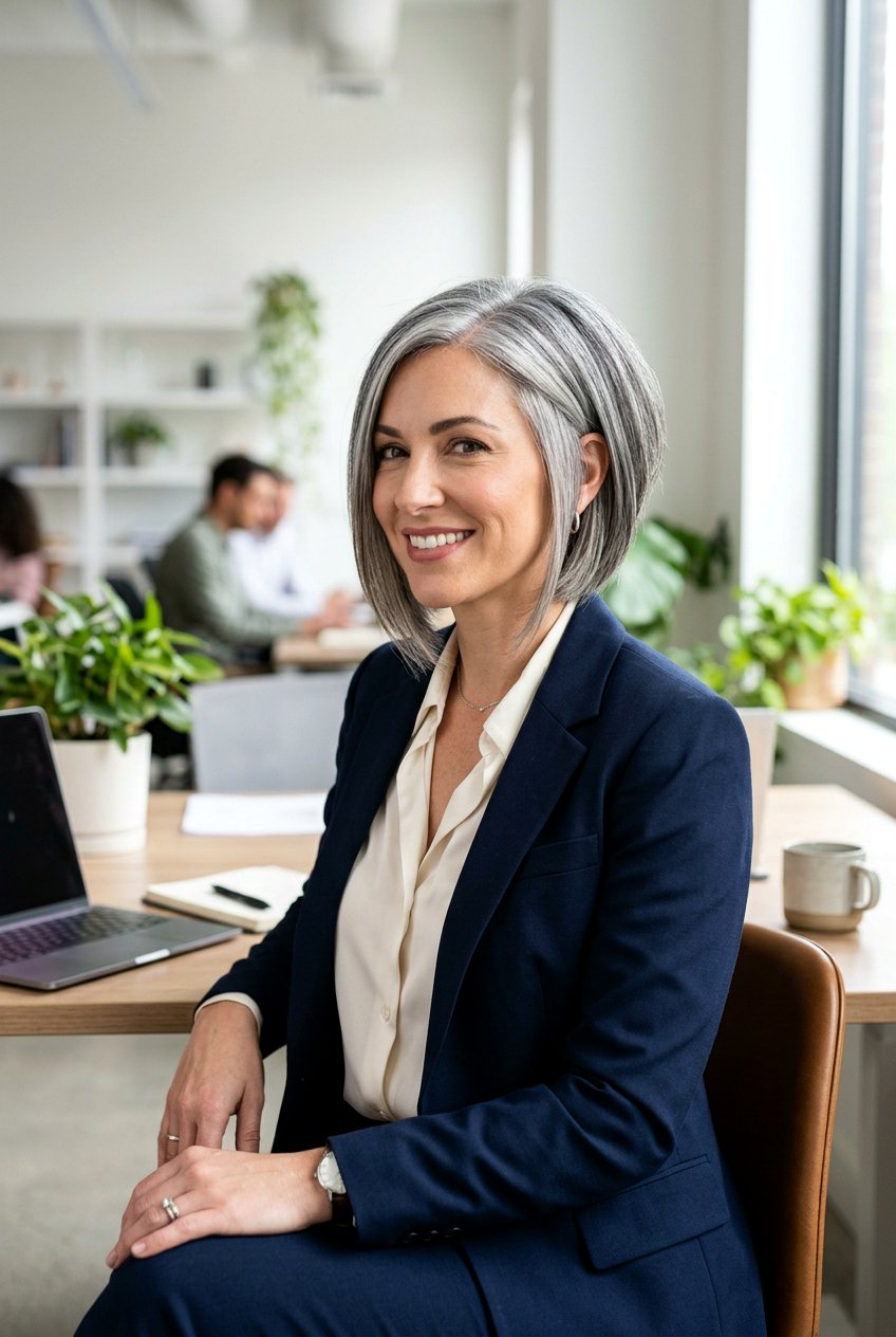 Angled Gray Bob with Longer Front - 20 mom low maintenance gray bob - 20 mom low maintenance gray bob