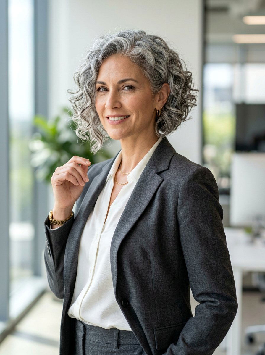 Angled Gray Curly Bob - 20 shoulder length gray curls for older women - 20 shoulder length gray curls for older women