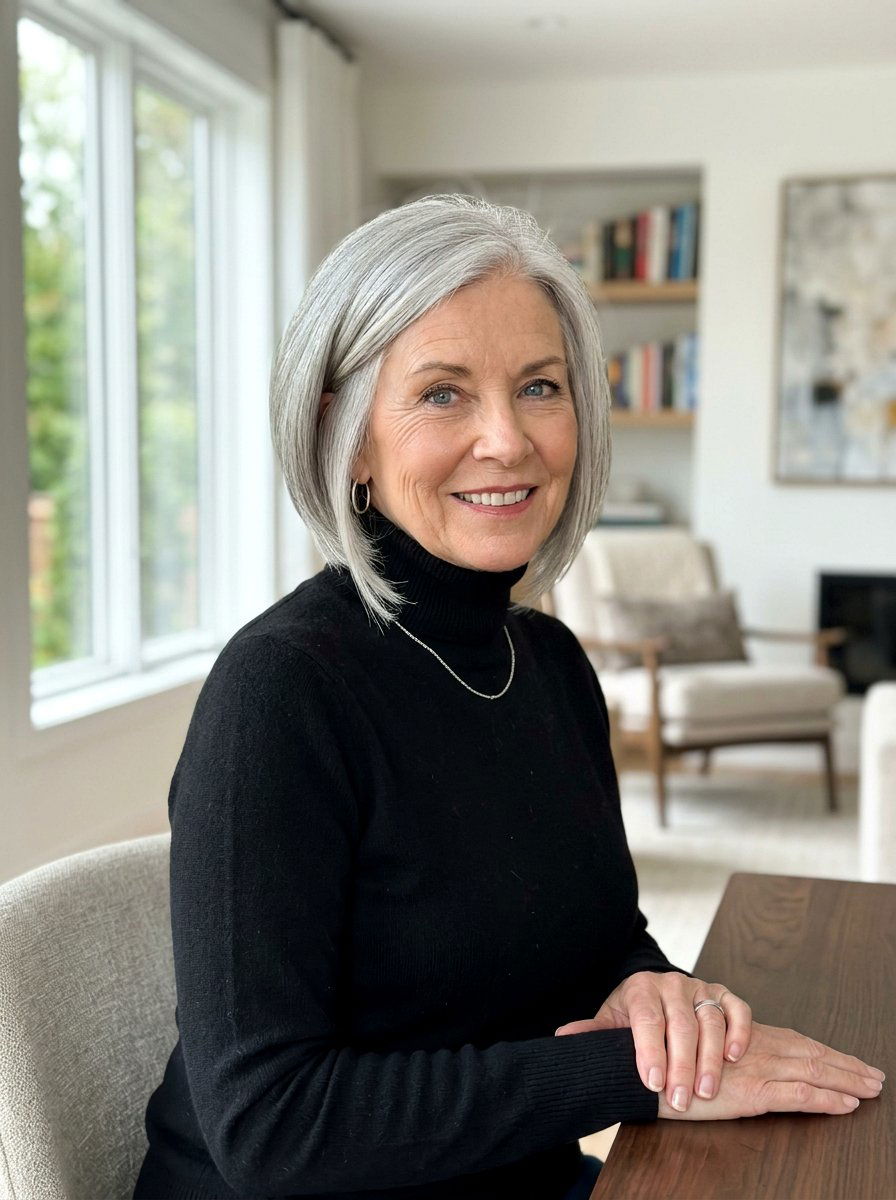 Angled Silver Bob - 20 youthful gray hairstyles for older women - 20 youthful gray hairstyles for older women