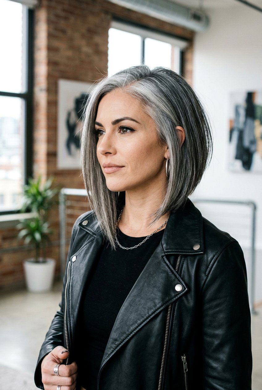 Angled gray bob - 20 gray transition bob hairstyle - 20 gray transition bob hairstyle