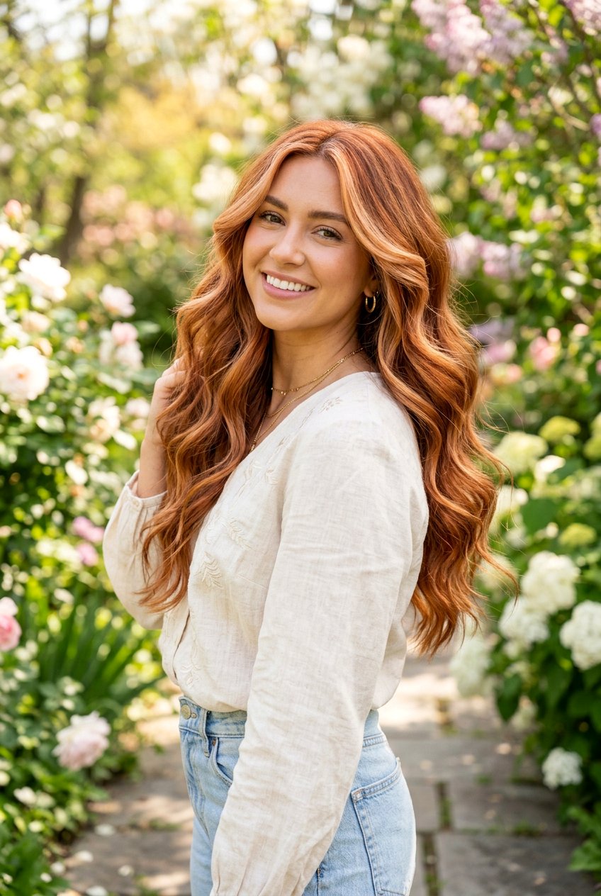 Apricot Copper Balayage On Long Wavy Hair - 20 apricot copper balayage - 20 apricot copper balayage