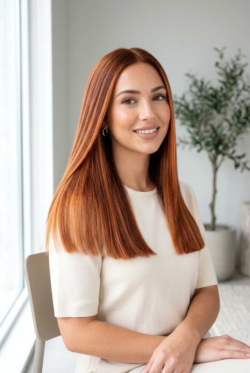 Apricot Copper Balayage On Straight Sleek Hair - 20 apricot copper balayage - 20 apricot copper balayage