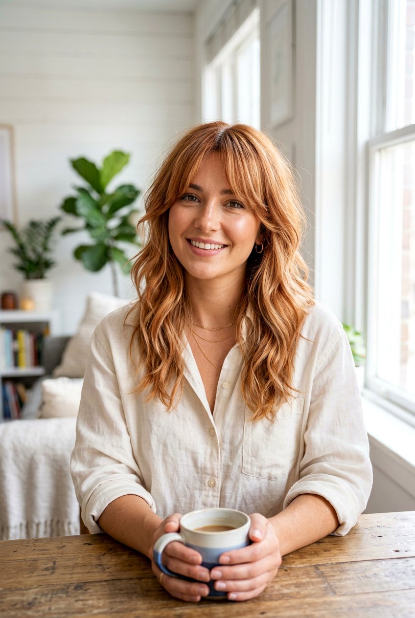 Apricot Copper Balayage With Curtain Bangs - 20 apricot copper balayage - 20 apricot copper balayage