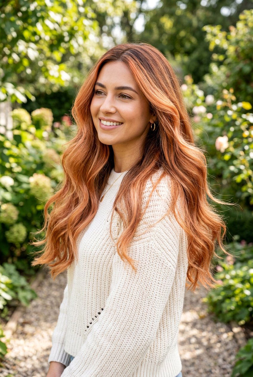 Apricot Copper Balayage on Long Hair - 20 apricot copper hair - 20 apricot copper hair