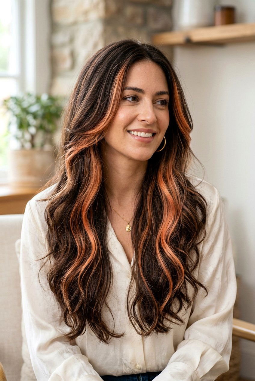 Apricot Copper Ribbons On Dark Brown Hair - 20 apricot copper ribbons hair - 20 apricot copper ribbons hair