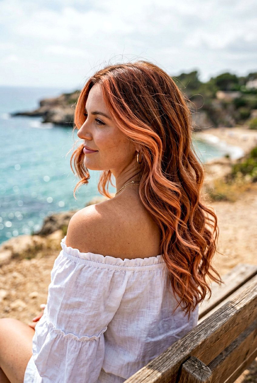 Apricot Copper Ribbons On Wavy Hair - 20 apricot copper ribbons hair - 20 apricot copper ribbons hair