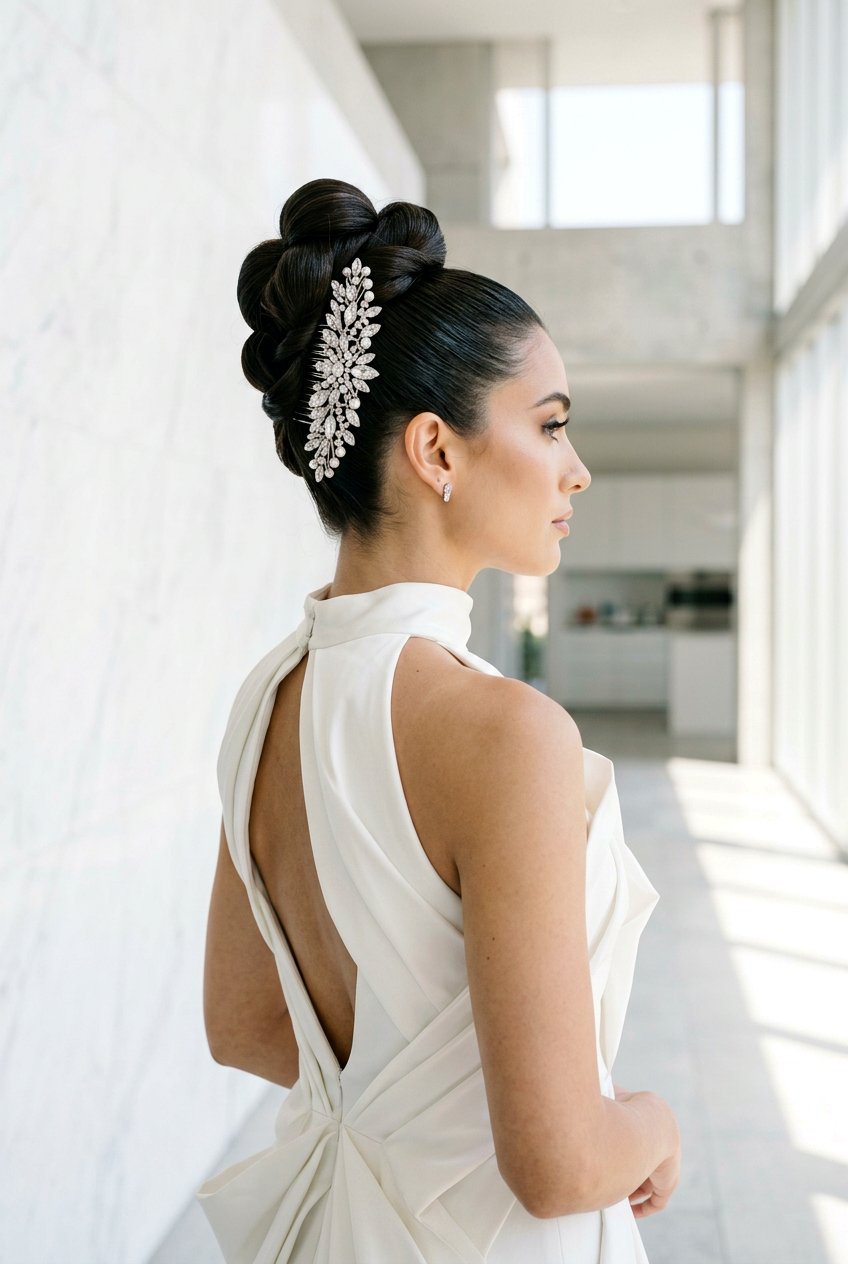Architectural Top Knot - 20 bridal hairstyle with crystal comb - 20 bridal hairstyle with crystal comb