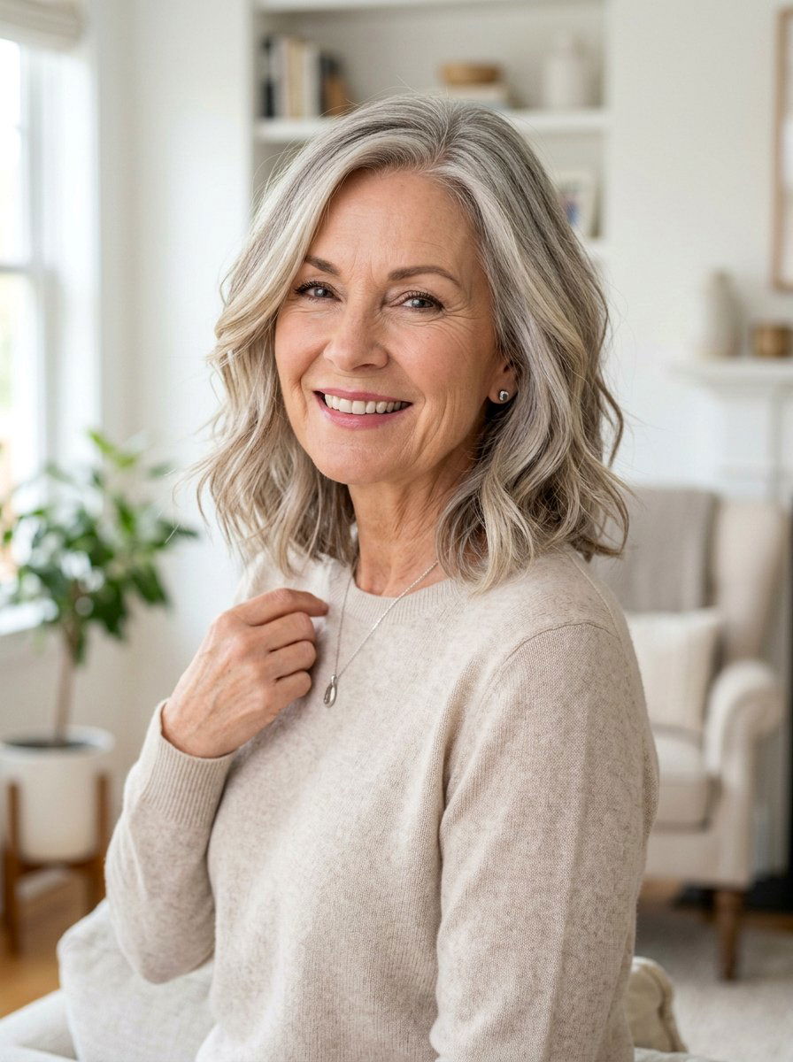 Ash Blonde Lob With Gray Blend - 20 dimensional gray blend for mature women - 20 dimensional gray blend for mature women