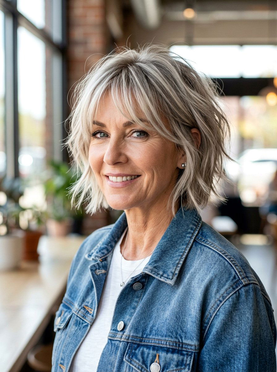 Ash Blonde Textured Bob - 20 layered bob with curtain bangs for women over 50 - 20 layered bob with curtain bangs for women over 50