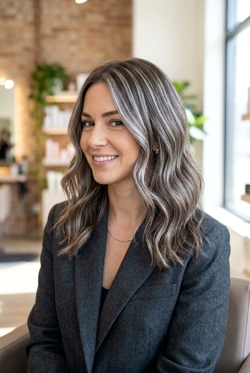 Ash Brown Hair With Silver Foil Highlights - 20 natural looking silver highlights - 20 natural looking silver highlights