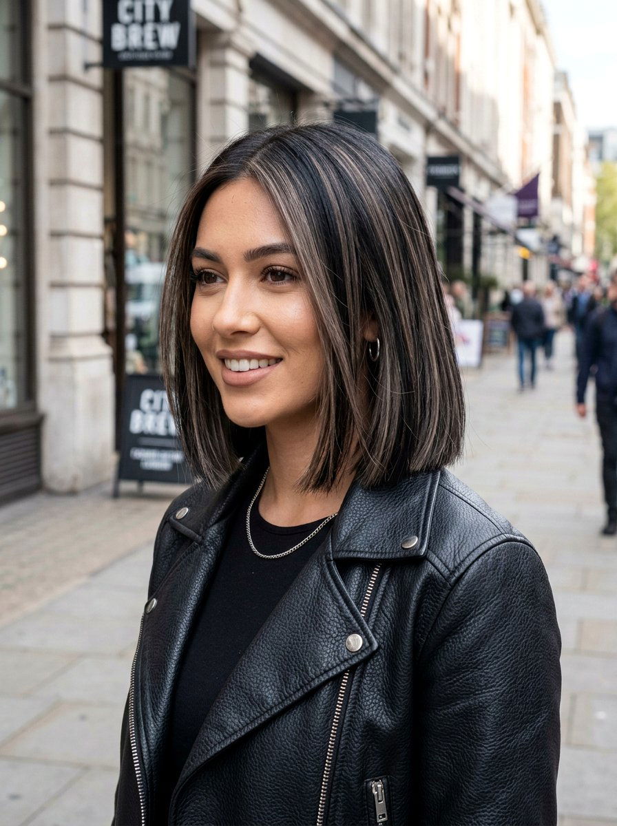 Ash Brown Highlights On Black Blunt Cut Hair - 20 subtle highlights for dark black hair - 20 subtle highlights for dark black hair