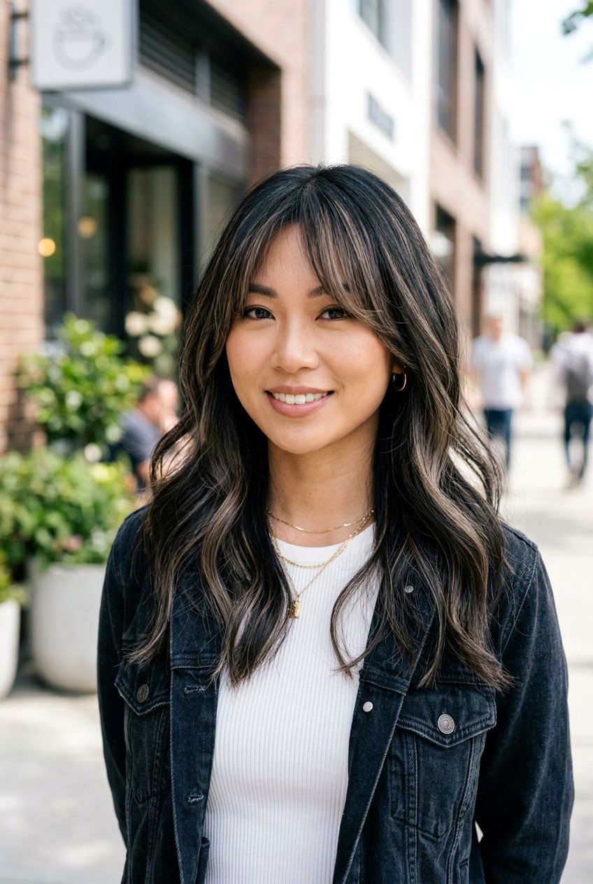 Ash Brown Highlights on Black Hair with Curtain Bangs - 20 ash brown highlights on black hair - 20 ash brown highlights on black hair